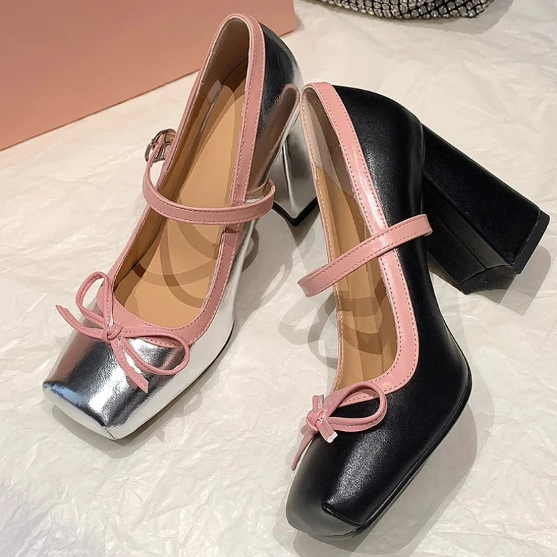 Advbridge  -  Chunky Heel Mary Jane Shoes Bow Fashions Square-toe High Heels Summer 2024 Retro Platform Sandals Silver Heeled Mary Jane Women