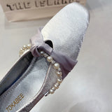 ADVBRIDGE  -  Elegant String Bead Silk Ribbon Knot Design Low Heel Mary Jane Shoes Woman French Style Yellow Square Toe Chunky Heel Loafers