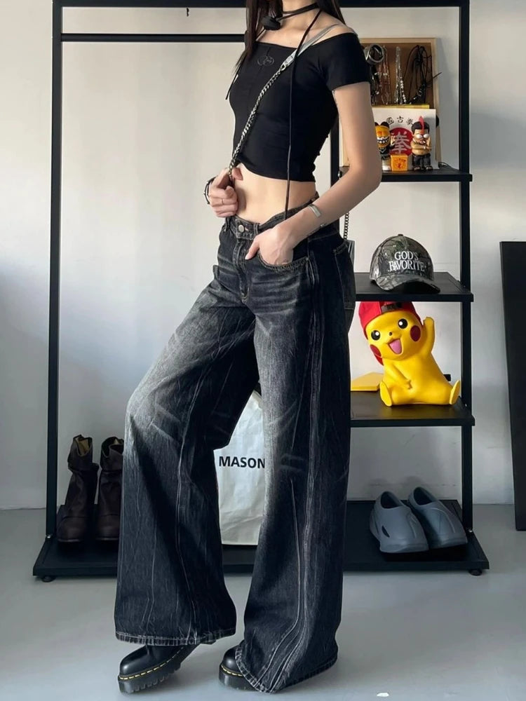 Advbridge Women Y2K Baggy Vintage Jeans Black Streetwear Wide Leg Pants Harajuku Distressed Washed Looes Denim Trousers Hip Hop