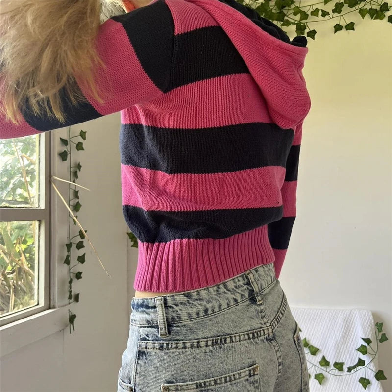 Advbridge y2k Aesthetic Zip Up Hoodie Women Emo Striped Long Sleeve Knitted Crop Tops with Pockets Grunge Sweatshirt Streetwear