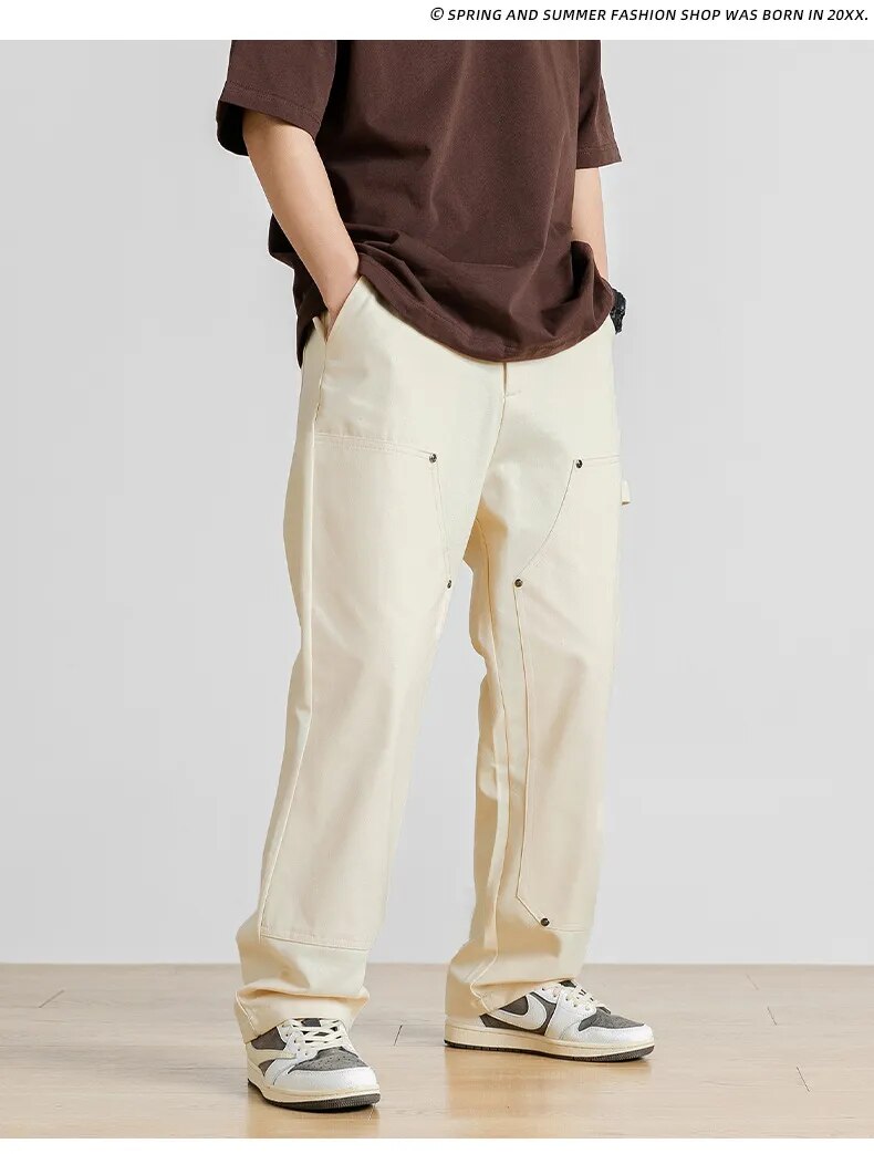 Advbridge Spring Autumn All Season Casual Soft Solid Men's Cool Boys Button Waist Pocket Safari Style Patchwork Straight Leg Pants