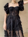 Advbridge  Boho Lace Vintage Party Solid Short Sleeve Dress Elegant Dresses Women A-Line Mesh Woman Summer Sexy Embroidery Vestido