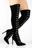 Advbridge Pearls Decor Eyelet Cross Bandage Over The Knee Velvet Boots Women Pink Maroon Black Thigh Boots High Heels Pointed Toe Botas