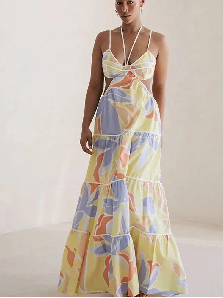 Advbridge New Vacation Floral Printed Cut Out Women Sling Dress Hollow Out Sleeveless Lace Up Dropped Waist Lady Robes 2025 Beachwear