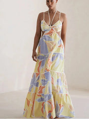Advbridge New Vacation Floral Printed Cut Out Women Sling Dress Hollow Out Sleeveless Lace Up Dropped Waist Lady Robes 2025 Beachwear