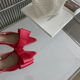 ADVBRIDGE  -  Red Ladies Pumps Low Heel Shoes Summer Pointed Toe Slingback Heels Black Silk Bow Office Shoes Escarpins Femmes Talons 2025