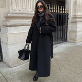 Advbridge Retro Casual Long Women's Coat Turndown Collar Long Sleeve Double Breasted Coats with Belt Fashion Vintage Loose Women Outerwear