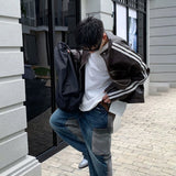 Advbridge Mens Autumn Biker White Stripe Maillard Leather Jacket Genderless Trendy Retro Casual Street Simple Leather Jacket Unisex