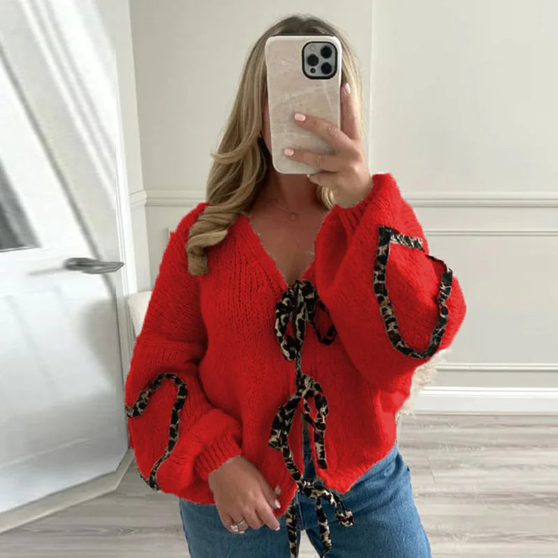 Advbridge Leopard Printed Women Knitted Sweater Hollow Out Lace Up Bow V Neck Female Loose Cardigan 2024 Autumn High Street Lady Sweaters