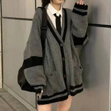 Advbridge Long Sleeve V Neck Preppy Style Knit Sweater Women Autumn Single Breasted Cotton Warm Cardigan Patchwork Grey Long Sweaters Coat