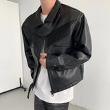 Advbridge Mens Pu Jacket Pleated Soft Short Jacket Autumn Streetwear Fashion Trend All-Match Casual Biker Jacket Men'S Clothing 2024