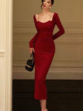 Advbridge Elegant Red Bodycon Midi Dresses for Women Chain Square Collar Long Sleeves Slim Autumn New Fashion Slit Party Dress Prom Robe
