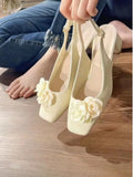 Advbridge Floral Sweet Square Head Sandals Women Outside Wear Summer New Belt Buckle Sandals Female Flower High Heel Thick Heel Shoes