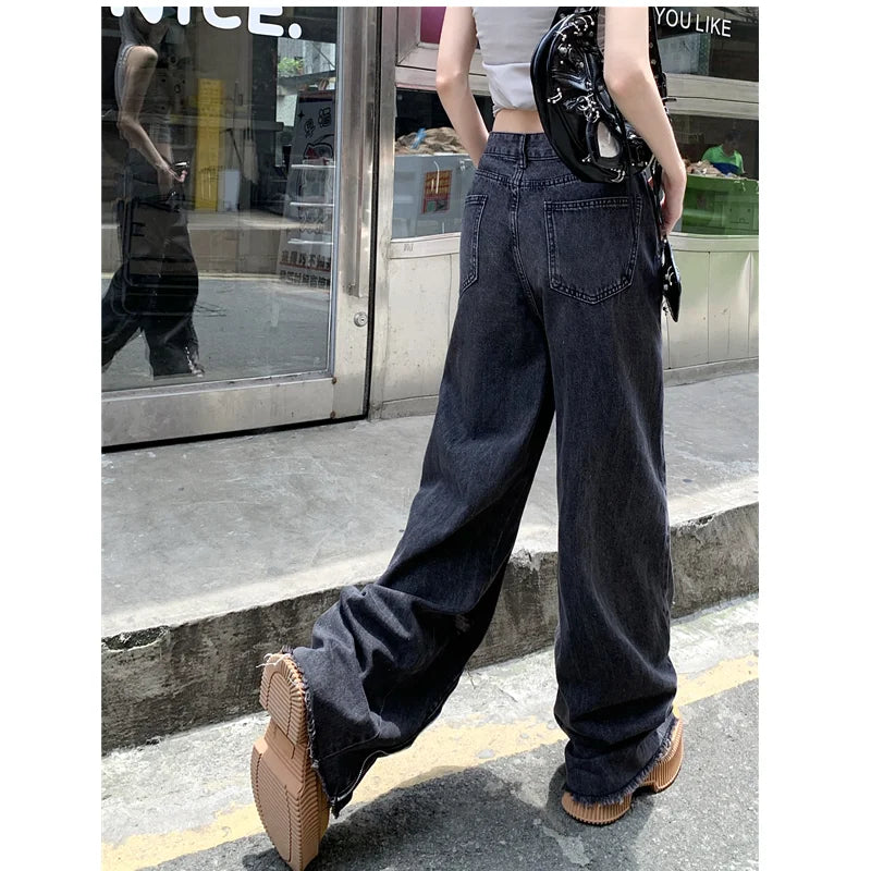 Advbridge Black High Waist Women Jeans Vintage Straight Casual Baggy Punk Hip Hop Y2K Street American Wide Leg Female Trouser Denim Pants