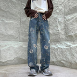 Advbridge Baggy Flower Jeans Men Fashion Oversized Wide Leg Jeans Men Streetwear Hip-hop Loose Straight Denim Pants Mens Trousers S-XL