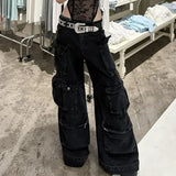 Advbridge Casual jeans American washed multi-pocket work jeans Y2K retro women's street black straight-leg loose wide-leg pants