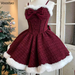 Advbridge Japanese Sweet Lolita Dress Set Women Kawaii Bow Plush Shawl Short Jackets Party Mini Dress Suit Christmas New Year 3 Piece Set