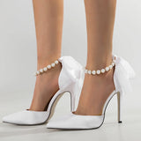 ADVBRIDGE  -  11cm Stiletto Heel White Wedding Shoes Women High Heels Sexy Pointed Toe Ankle Pearl Chain Party Shoes Bow Spring Pumps