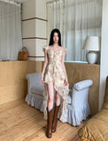 ADVBRIDGE  -  French Retro Printed Dress Women Summer Short Sleeved Chiffon Square Neck Vestidos Elegant Irregular Ruffle Design Fashion Dress