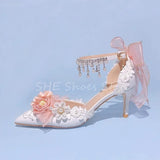 Advbridge Pearl Rhinestones One-Strap Women Sandals Wedding Dress Shoes Flowers Butterfly Knot Lolita Girl Mary Janes Hight Heels Pumps