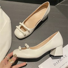 Advbridge  -  Silver Bow Mary Jane Women's Pumps Fashion Office Work Wedding Party Shoes Ladies Med Heel Shoes Woman Autumn