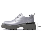 Advbridge Fashion Metal Silver Thick Heel Lace Up Leather Shoes For Women 2024 Spring New Item Square Headed Neutral Sponge Cake Single