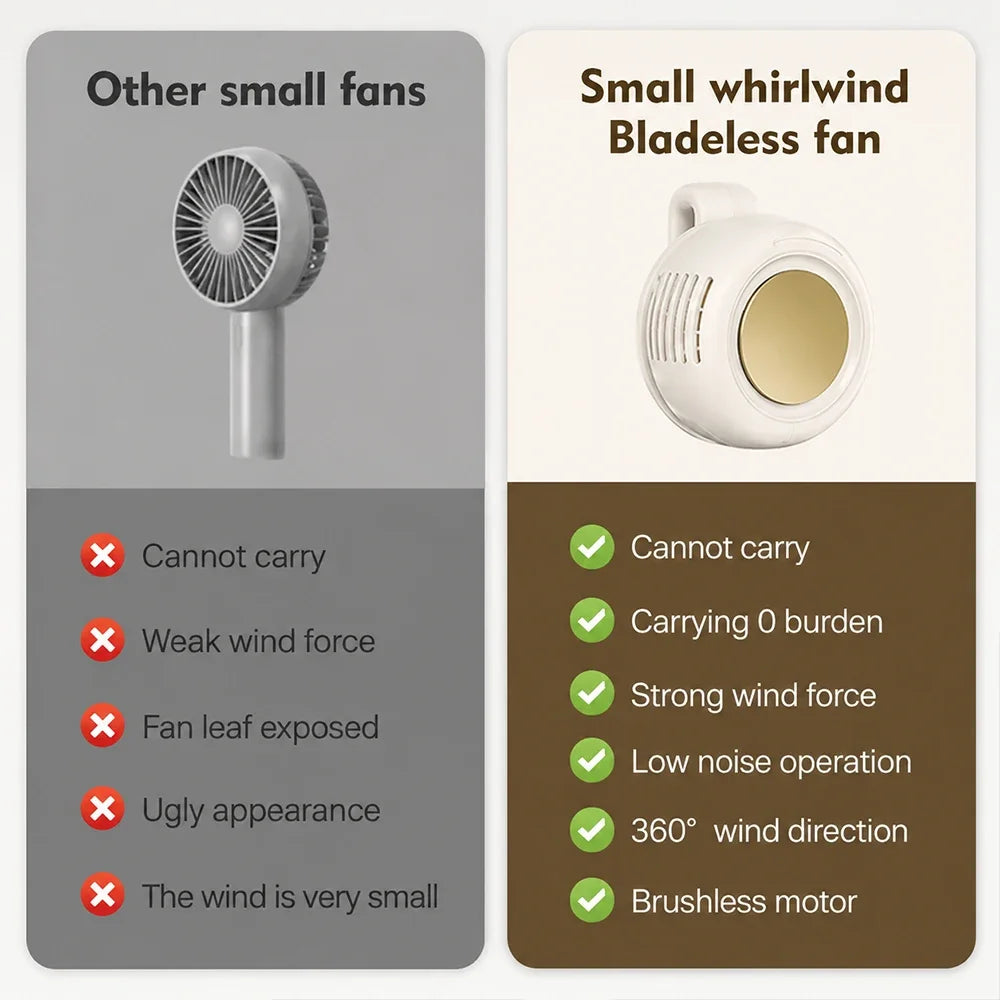 Mini Whirlwind Leafless Fan 3-Speed Silent Strong Wind USB Rechargeable Handsfree Waist Clip Handheld for Outdoor Travel Hiking