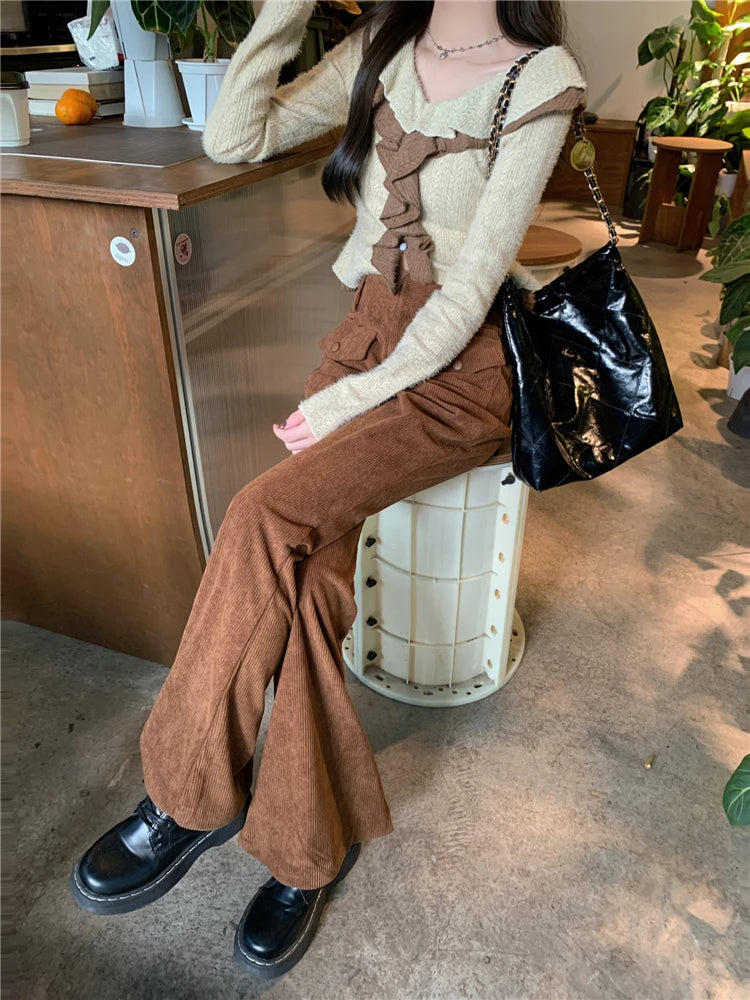 Advbridge  -  Women's Coffee Colored Corduroy Micro Flared Pants Street Style Fashion Female High Waisted Straight Wide Leg Trousers