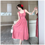 ADVBRIDGE  -  Summer Rose Pink Suspenders Strap Dresses Sweet Women Square Collar Ruffle Cute Backless Sexy Elegant Dress Female Casual