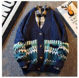 Advbridge Japanese Retro Patchwork Diamond Grid V-neck Cardigan Sweater for Men Loose and Stylish Casual Knitwear Jacket