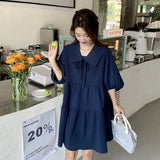 Advbridge Vintage Pleated Lacing Loose Mini Dress Summer New Half Sleeve Solid Color Sweet Casual Dresses Fashion Korean Women Clothing