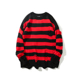Advbridge High Street Retro Punk Red and Black Stripes Autumn Sweater Men Loose Ripped Hole Tassel Pullover Round Neck Casual Clothes