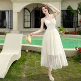 ADVBRIDGE  -  Women's Spaghetti Strap Dresses for Sweet Lace Strapless Sexy Mesh Vestidos Elegant Apricot Summer French Style Fairy Dress