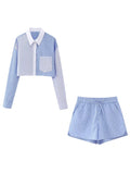 Advbridge Stripes Crop Top+shirt 2 Pcs Outfits Women Casual Summer Autumn Casual Set Blue Matching Set Shorts Set Female Suit