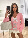 Advbridge Casual Sequin Bow Knitted Sweater Women Lace Up Deep V-neck Long Sleeve Female Cardigan 2024 Fall Hollow Out Lady Solid Y2k Tops