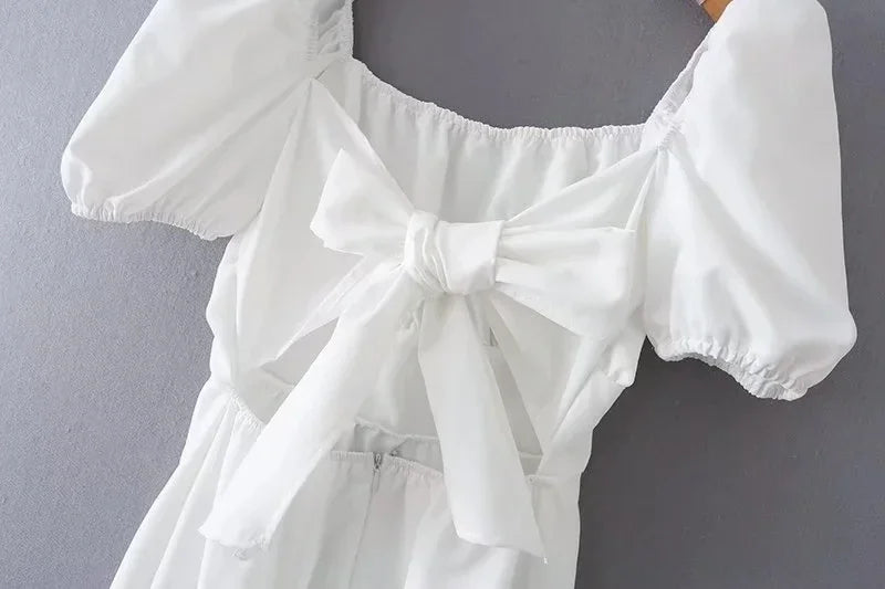 Advbridge Tie Back White Summer Short Dress Women's Casual Short Sleeve Square Collar Mini Backless Dress Femme Retro Dress 2024