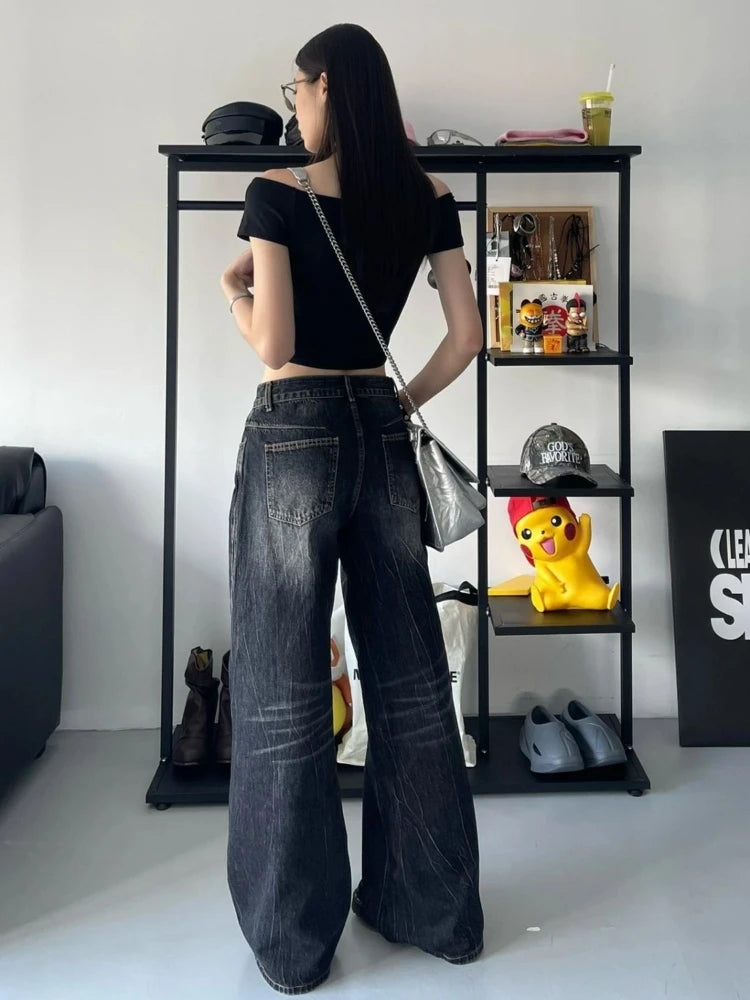 Advbridge Women Y2K Baggy Vintage Jeans Black Streetwear Wide Leg Pants Harajuku Distressed Washed Looes Denim Trousers Hip Hop