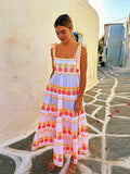 ADVBRIDGE  -  Halter Lace Up Print Dress Cake Contrast Color Pleated Layered Suspender Baggy Women Beach Strap Long Dresses Fuffy Robes Summer