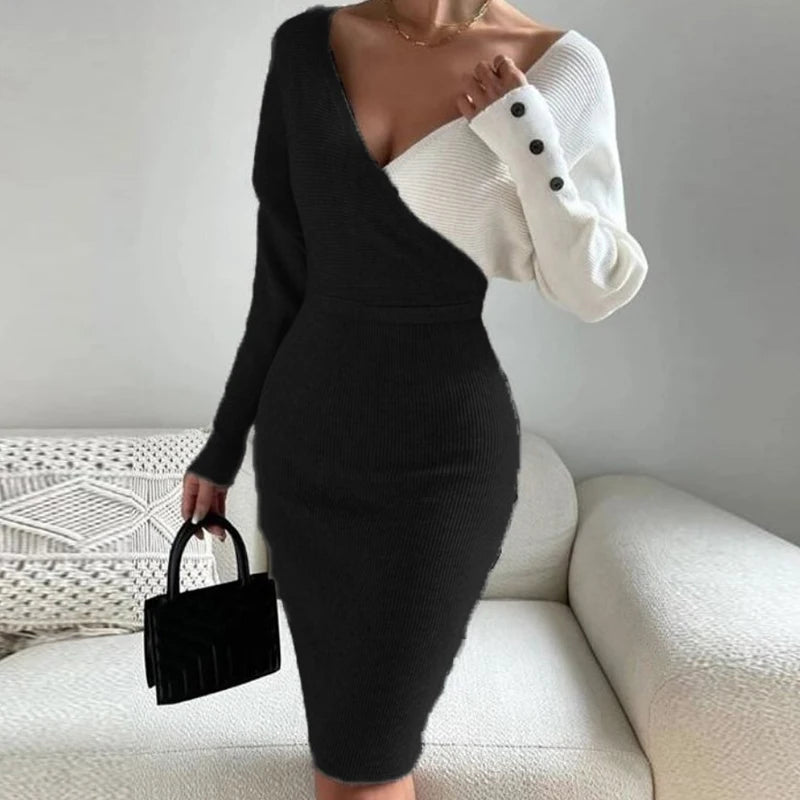 Advbridge Elegant Contrasting Colors Wrap Hip Knitting Dress Autumn Winter High Waist Mid Dress Lady V Neck Long Sleeve Commute Slim Dress