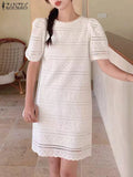 Advbridge Vintage Solid Color Dress 2025 Summer Short Puff Sleeve Mini Robe Korean Cotton Embroidery Vestidos Office Lady Lace Robe