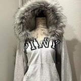 Advbridge Retro Fur Collar Letter Print Gray Zipper Hoodie Women Autumn Winter Streetwear Loose Casual Everyday Harajuku Street Y2K Tops