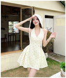 ADVBRIDGE  -  French Style Sweet Mini Dresses Women Apricot Lace Halter V-neck Elegant Party Dress Summer Pink Print Retro Vestido Kawaii Lady