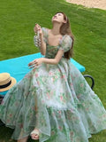 Advbridge French Vintage Floral Midi Dress Women Organza Elegant Casual Party Fairy Dress Casual Holiday Princess Dress Women Summer 2024