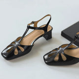 ADVBRIDGE  -  Women's cow leather hollow-out t-strap sandals 4cm thick med heel square toe elegant ladies summer pumps heeled shoes for woman