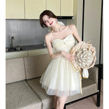 ADVBRIDGE  -  French Style Apricot Elegant Princess Dress Women Lace Strapless Sexy Mesh Mini Dresses Summer Sweet Kawaii Birthday Vestidos