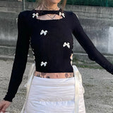 Advbridge  -  New Women's T-shirt Puss Sexy Bow Contrast Color Side Strap Hollowed Out Slim Waffle Long Sleeve Crop Top Trend Streetwear