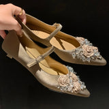 ADVBRIDGE  -  Women's genuine leather flower decoration pointed toe metal buckle slip-on Mary Jane pumps elegant ladies wedding kitten heels