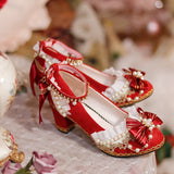 Advbridge Original Lolita Shoes Chinese Red Chinese Style High Heel Lolita Wedding Shoes Sweet Flower Wedding Shoes Heel Height 6cm