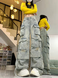 Advbridge American Spice Girl Heavy Industry High Street Multi-Pocket Wide Leg Hip Hop Jeans Y2K High Waist Baggy Straight Pants Tide