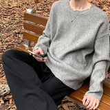 Advbridge Men's Clothing Korean Popular Knit Irregular O Neck Long Sleeve Pullover Sweater Solid Color Light Luxury Leisure Retro Knitwear
